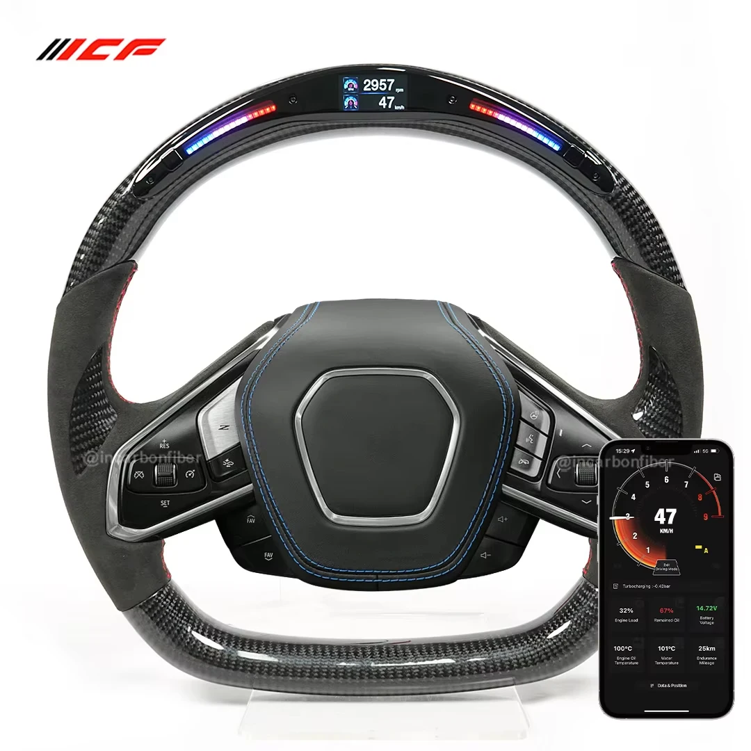 ICF Real Carbon Fiber Steering Wheel For Chevrolet C8 Corvette Z51 Z06 2020 2021 2022 2023 2024 Heated Leather Racing Wheel