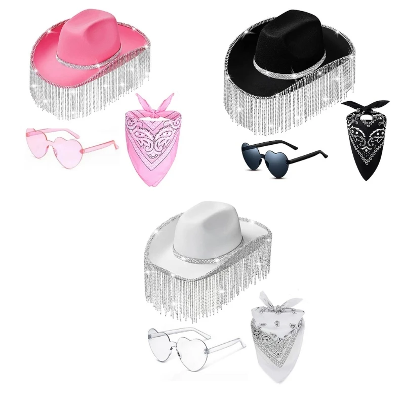 Carnival Cowboy Hat+Heart Sunglasses+Kerchief for Bride Wedding Taking Photo Hat