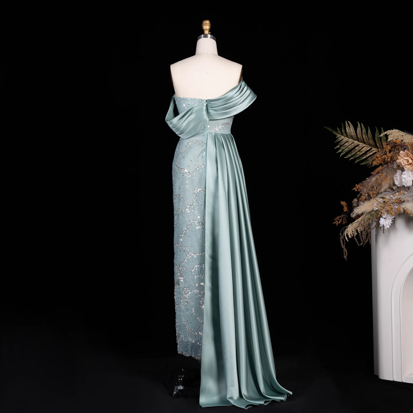 Sharon Said Abendkleid Glamouröses Grünes Perlen-Quastenkleid Schulterfreies Hochzeitskleid Luxuriöses Dubai Formelles Partykleid SS670 Maßanfertigung – Detail 8