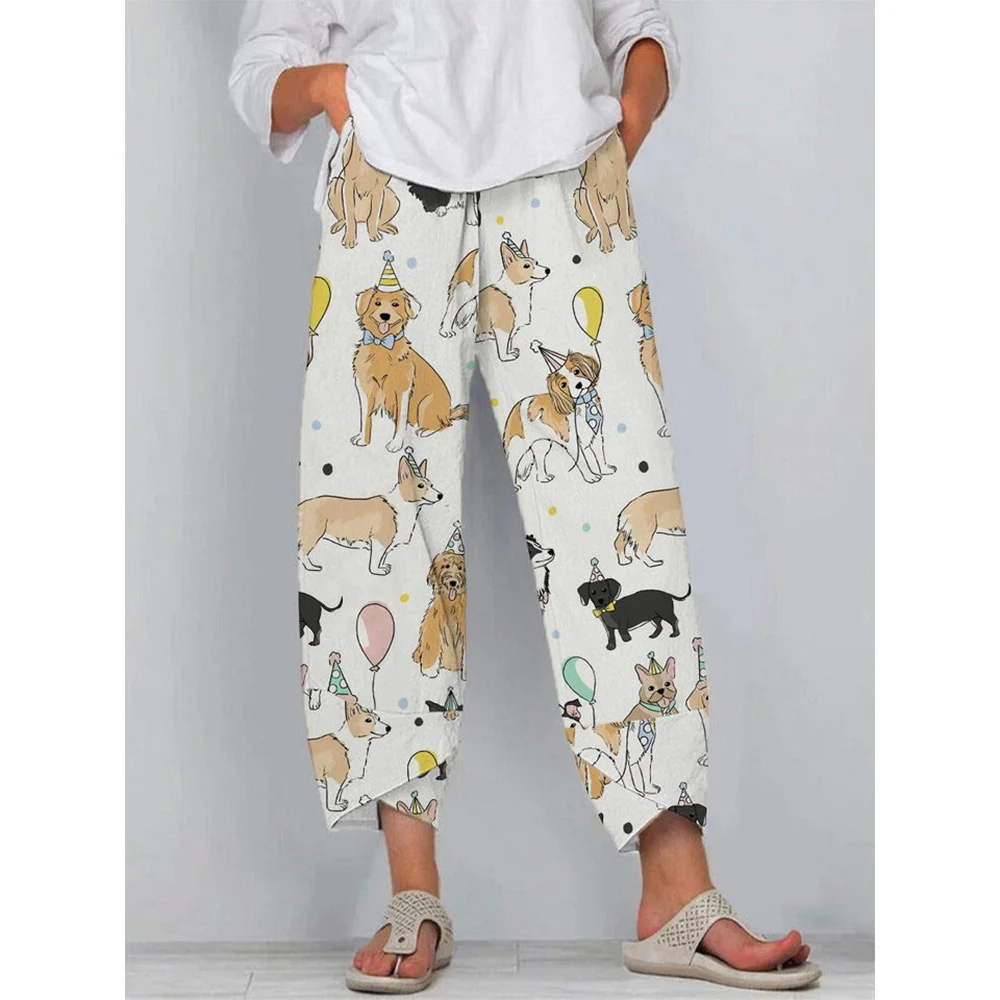 CLOOCL 2022 Women Pants Loose Casual Wide Leg Pants Two-pocket Pants Fun Dog Print Lady Lovely Slacks Autumn