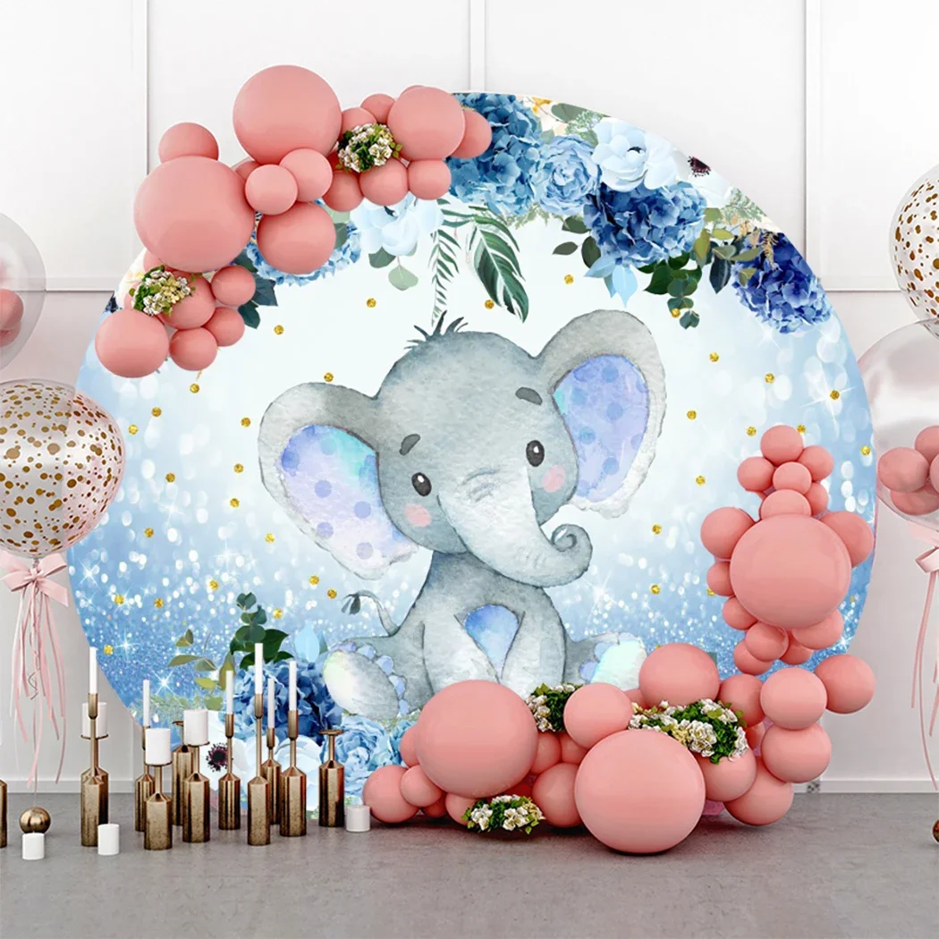 Tableclothsfactory Elephant Round Backdrop Baby Shower Boy Girl Birthday Party Pink Blue Flower Cute Circle Fabric Cover