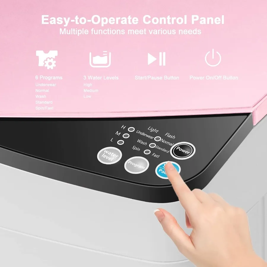 COSTWAY Portable Washing Machine 7.7lbs Capacity Compact Laundry Washer and Spin Combo with 6 Programs Built-in Barrel Light Fu