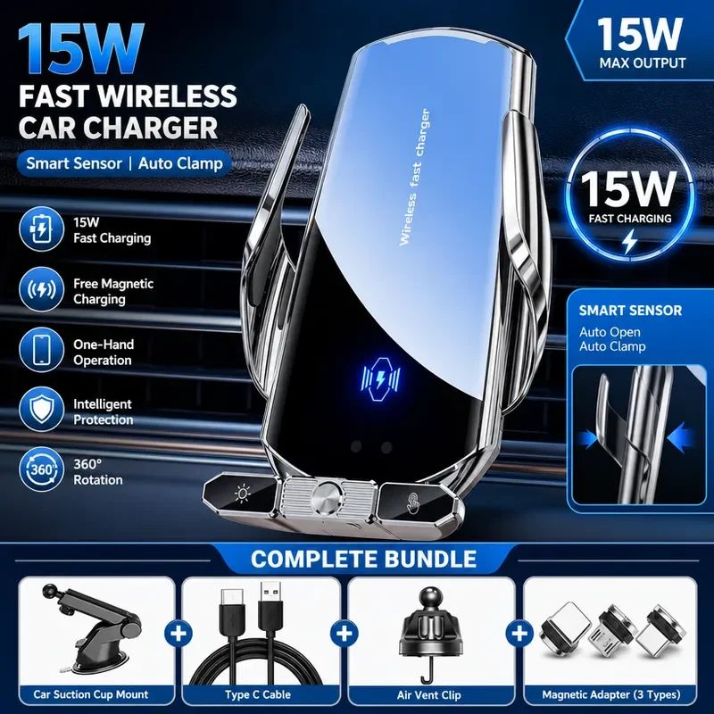 for Car Wireless Charging Phone Holder Automatic Clamping Intelligent Opening Closing Mobile Phone Mount Stand