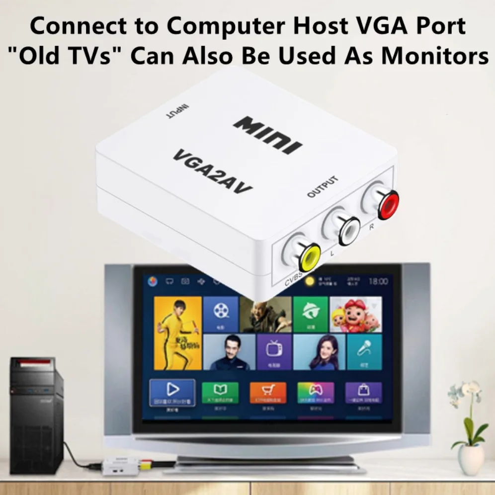 VGA to AV Converter HD 1080P VGA to RCA/AV Adapter With 3.5mm Audio Output VGA To RCA Video Converter For PC Computer Laptop TV