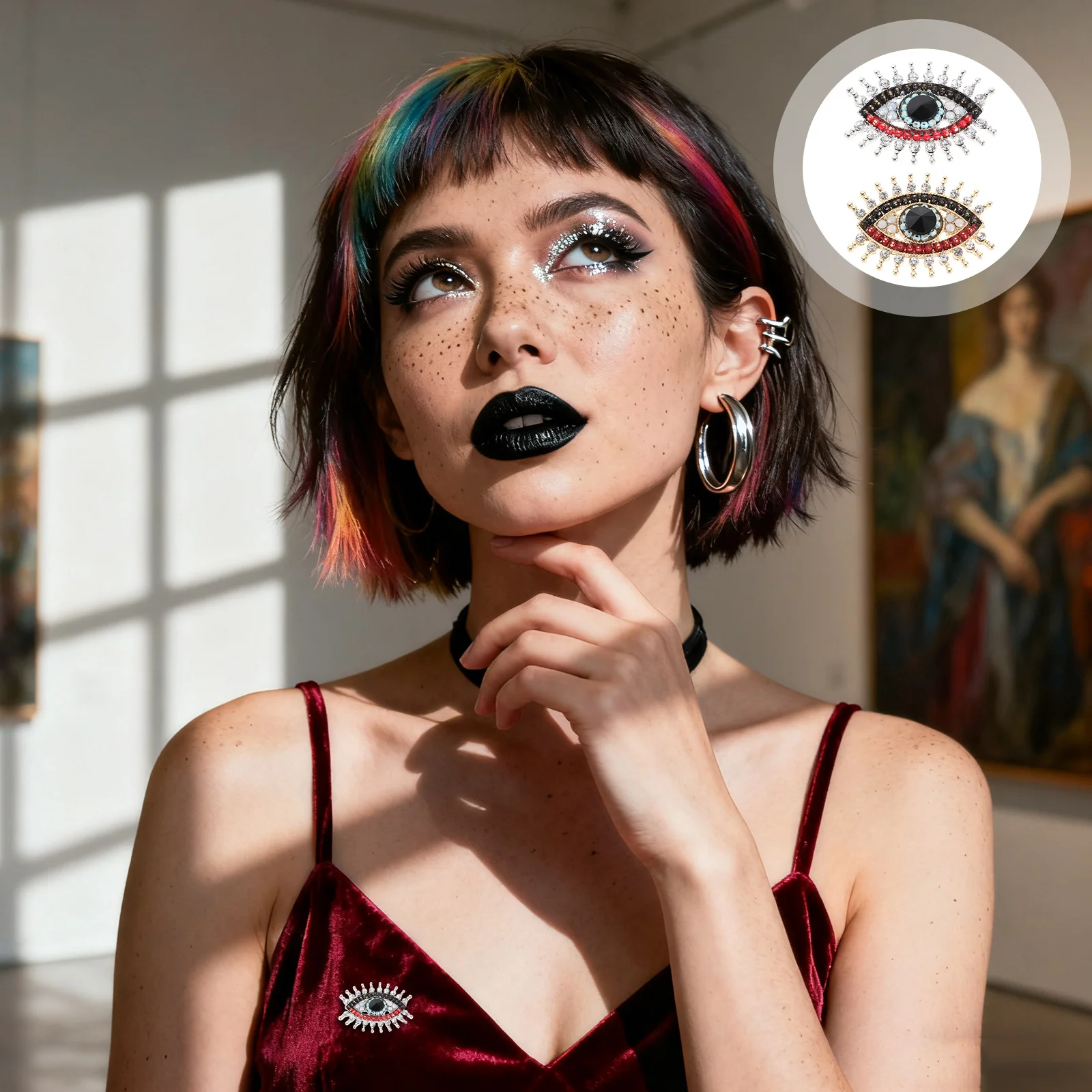 

2pcs Evil Eye Brooch Pin Rhinestone Vintage Lapel Jewelry For Women Turkish Evil Eye Charm Cardigan Scarf Shawl Clip - Retro