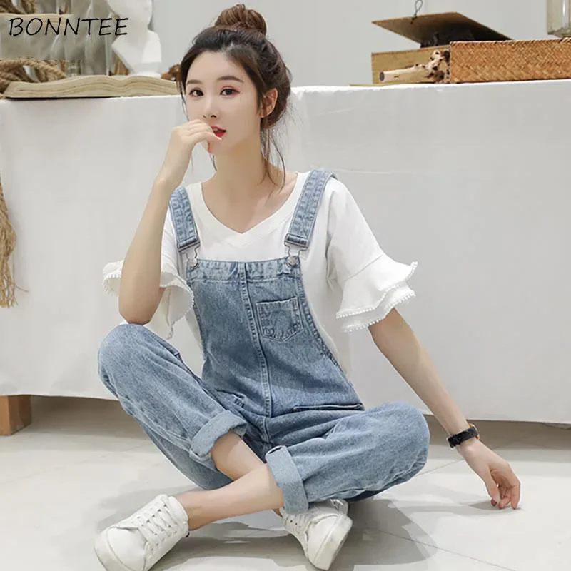 Denim Jumpsuits Women Spring Basic Washed Blue Overalls Outwear Office Lady Womens Elegant Long Trouser Rompers Female Casual