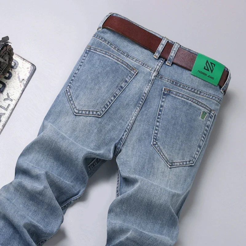 

2025 Autumn New Men's Jeans Light Blue Slim Fit Stretch Straight Fashion Korean Denim Pants Brand Daily Casual Trousers