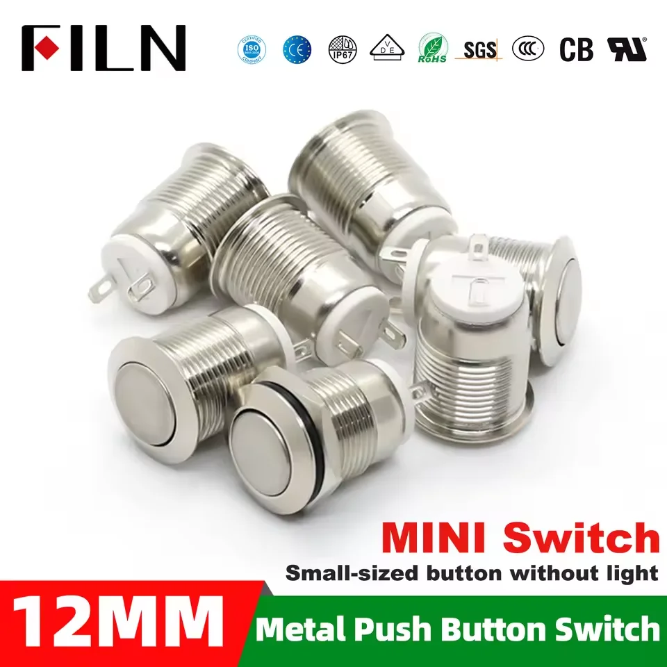 FILN 12mm Momentary Push Button Switch 12V Waterproof Power Pushbutton Small Round Chrome Stainless Metal 2pin
