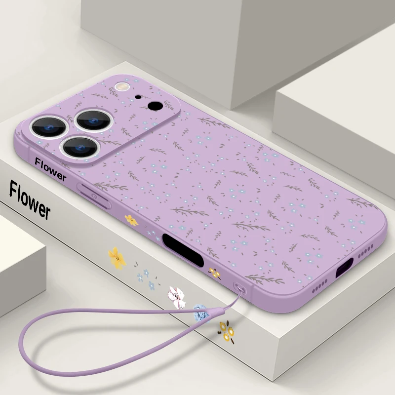 Para iPhone 16 Pro Max funda con cordón pequeño patrón de flores azules funda de silicona TPU suave para iPhone 17 Pro Max Air 15 14 13 12 1116e