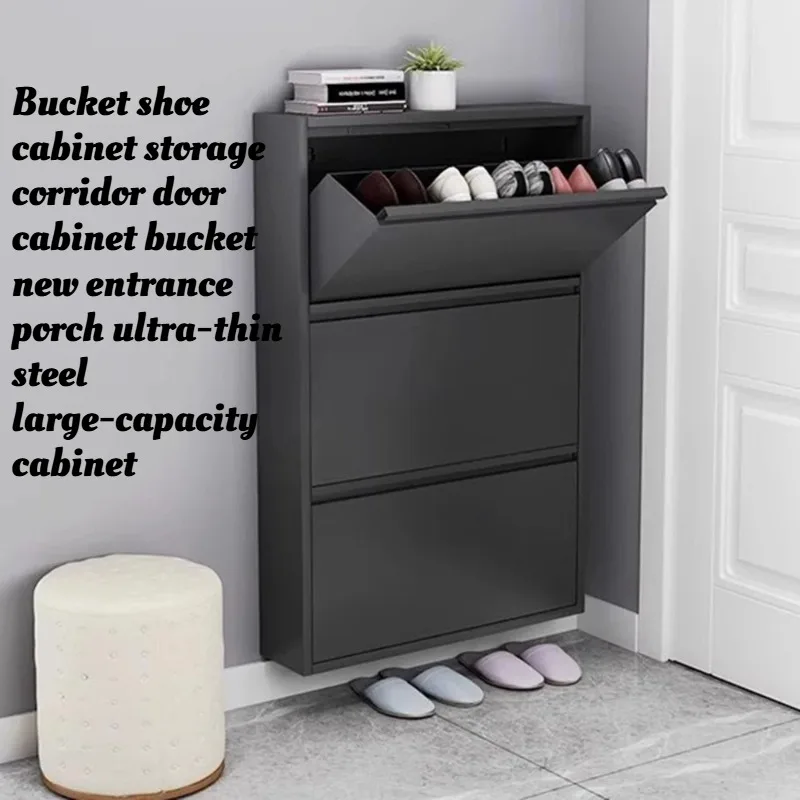 

Slim Steel Shoe Cabinet Entryway Large Capacity Storage Hallway Furniture Flip Top Wall Mounted Home Organizer Space Saving