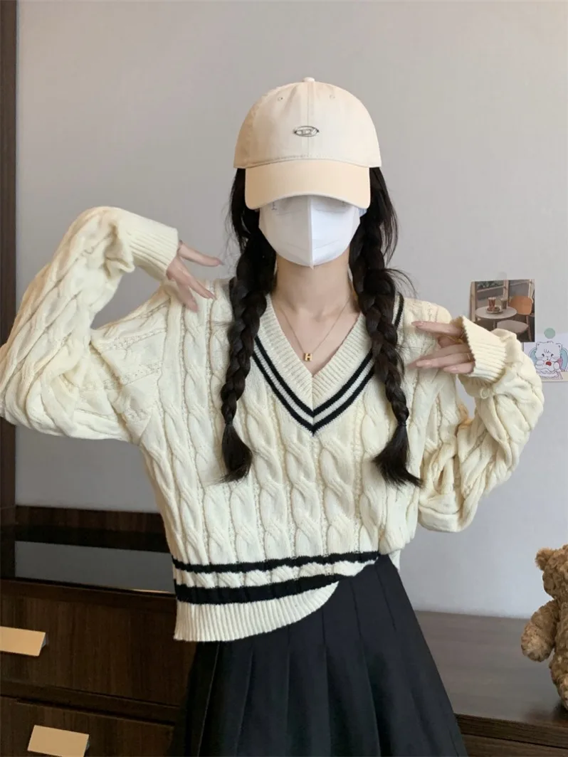 Koreanische Sle Anti-Aging College Sle V-Ne Weiche Pullover frauen Herbst Winter ort Design Streifen Gestrickte Basis irt top