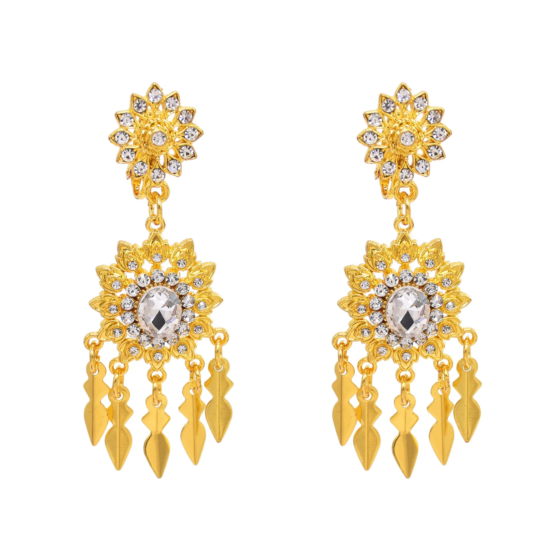 Fashion Luxury Golden Devil\'s Eye Crystal Flower Pendant Necklace Earrings for Women Drop Rhinestone Bride Wedding Jewelry Set