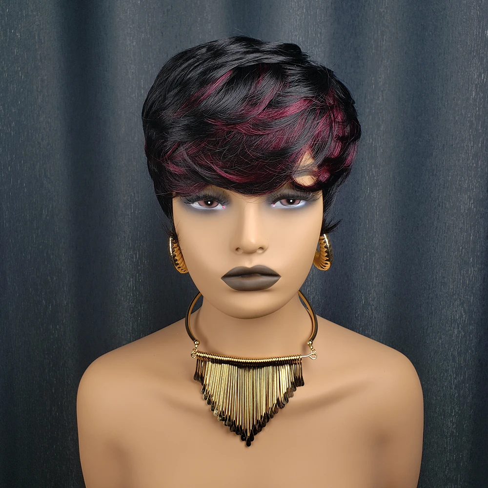 숏 픽시컷 가발 100% 인모 여성용 버건디 블랙 앞머리 있는 브라질리언 헤어 머신메이드 프리 플러킹 헤어라인