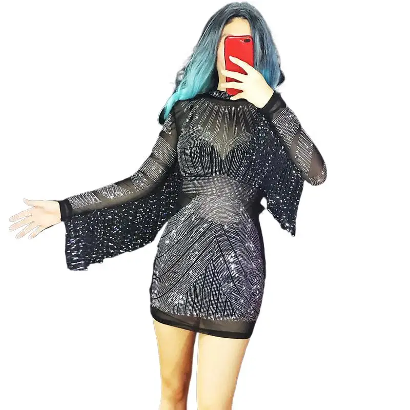 

Black Sexy Perspective Crystals Tassels Sleeve Short Dress Mesh See-through Rhinestones Tights Dress Nightclub DJ Singer Costume