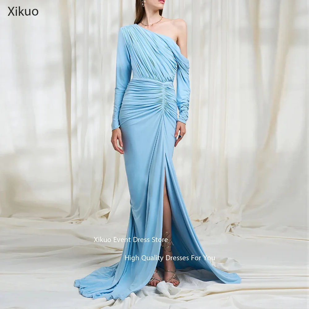 

Xikuo Blue Asymmetric Sleeve Evening Dress One Shoulder High Slit Celebrity Dresses Vintage Vestidos De Fiesta Mujer Customized