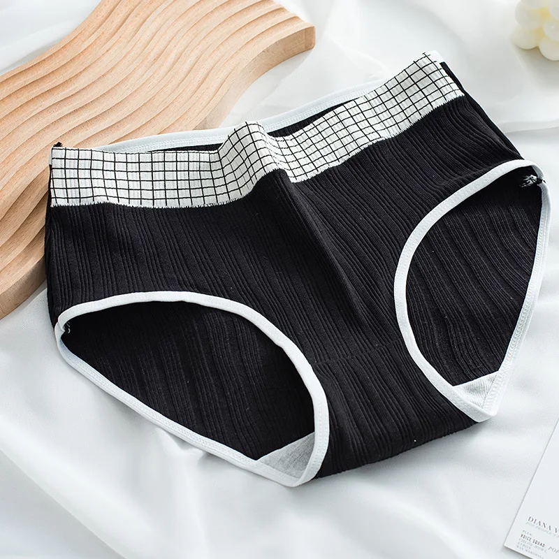 Women\'s Cotton Underwear Girls Cute Plaid Briefs Fashion Black White Plaid Printing Panties Mid Waist Seamless Underpants M-XL