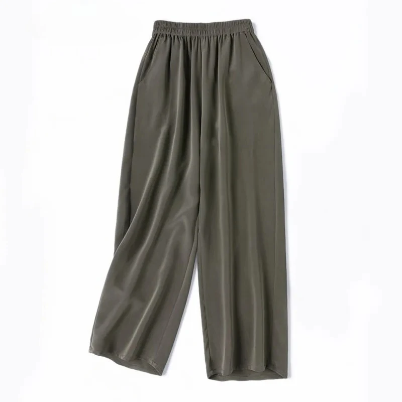 2025 Women's Fashion Clothing 26MM Heavy Weight 93% Natural Mulberry Silk Elastic Crepe Khaki Green Casual Cropped Pants