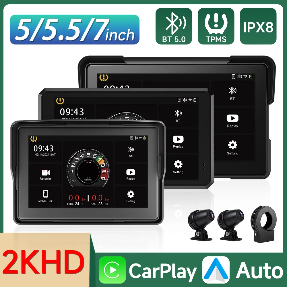 2024 Motorcycle GPS Navigation 2K HD Recorder Wireless CarPlay Android Auto Multimedia Player IP67 Waterproof Screen Bluetooth