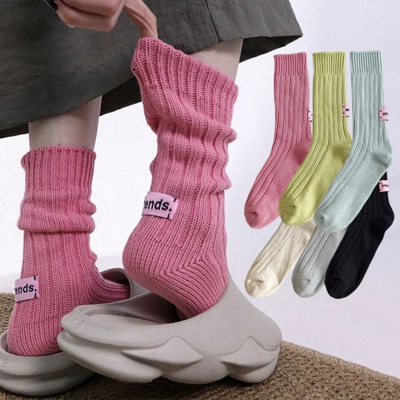 

Fashion Cotton Knitted Stacked Socks for Women Men Korean Style Unisex Autumn Winter Pink Label Couple Middle Tube Sock 6 Colors