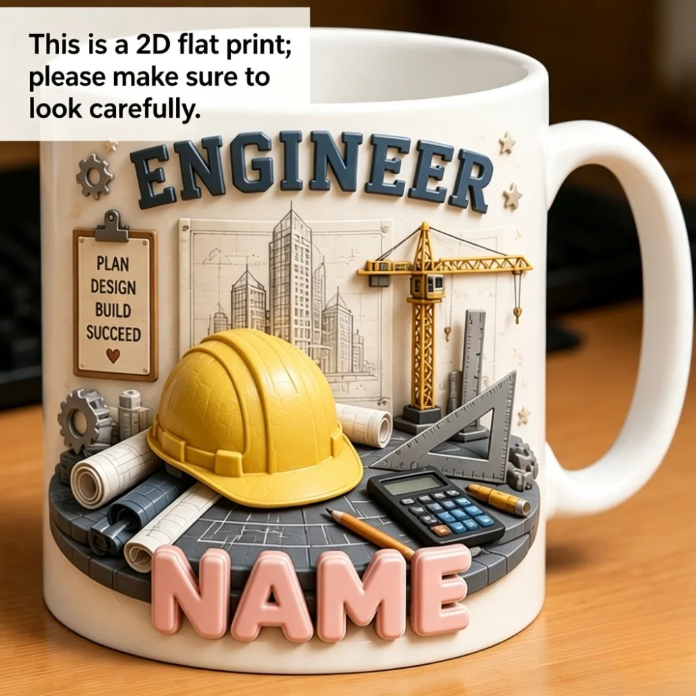 Creatieve keramische koffiemok met een technisch thema, platte 2D-print met een constructiepatroon van een veiligheidshelm, gepersonaliseerde mok met naam als cadeau.