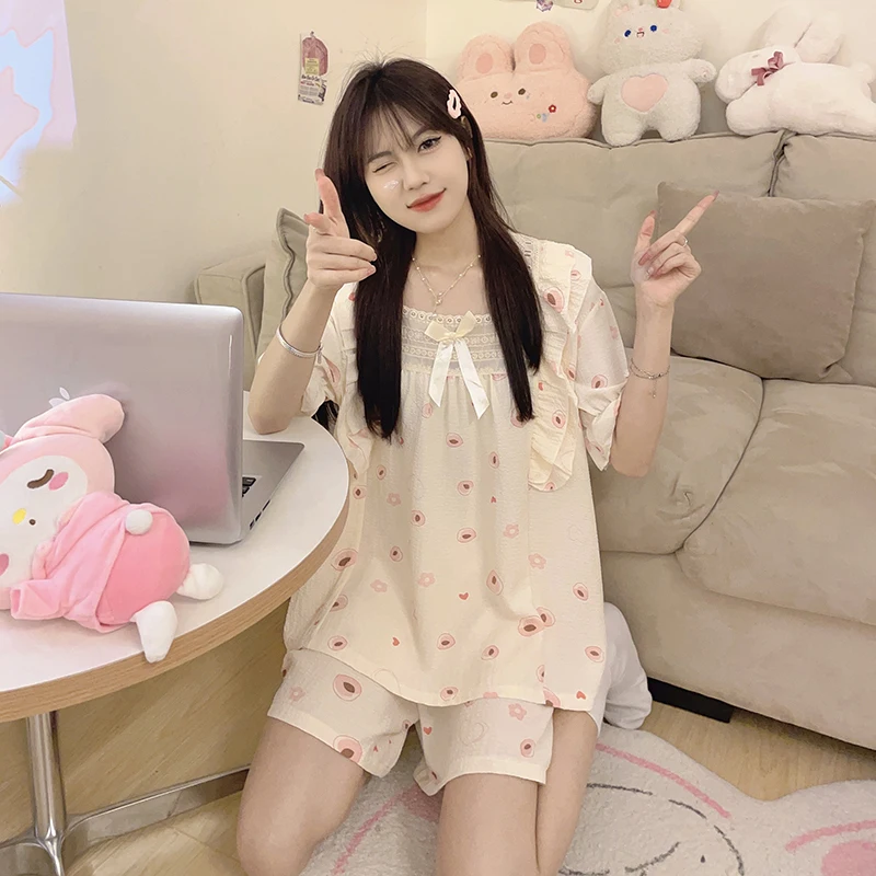 Korean Y2k Sweet Ins Cartoon Kawaii Women\'s Pajamas Square Neck Bow Lace Short Sleeve+shorts Sets 2024 New Summer Cute Nightgown