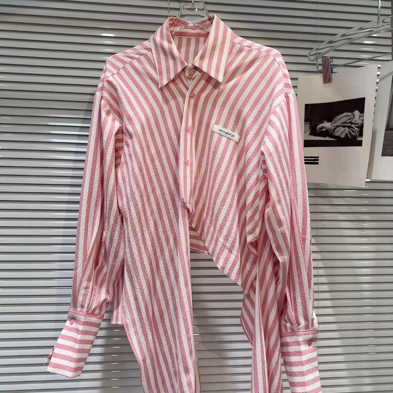 여성 빈티지 스트라이프 레이스 업 비대칭 디자인 셔츠 옷깃 긴 소매 세련된 블라우스 봄 한국 패션 캐주얼 슬림 피트상의