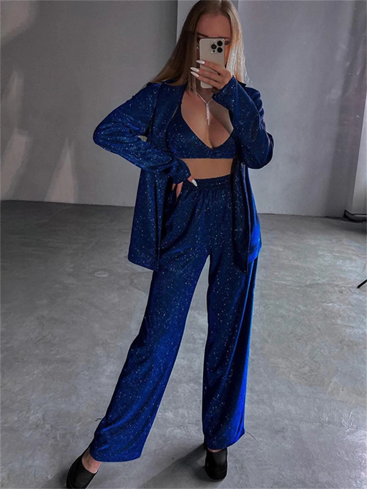 Kadınlar için Sparkly gümüş üç parçalı pantolon seti kıyafetler parti Clubwear moda kadın Glitter Blazer takım elbise Mathing setleri yeni