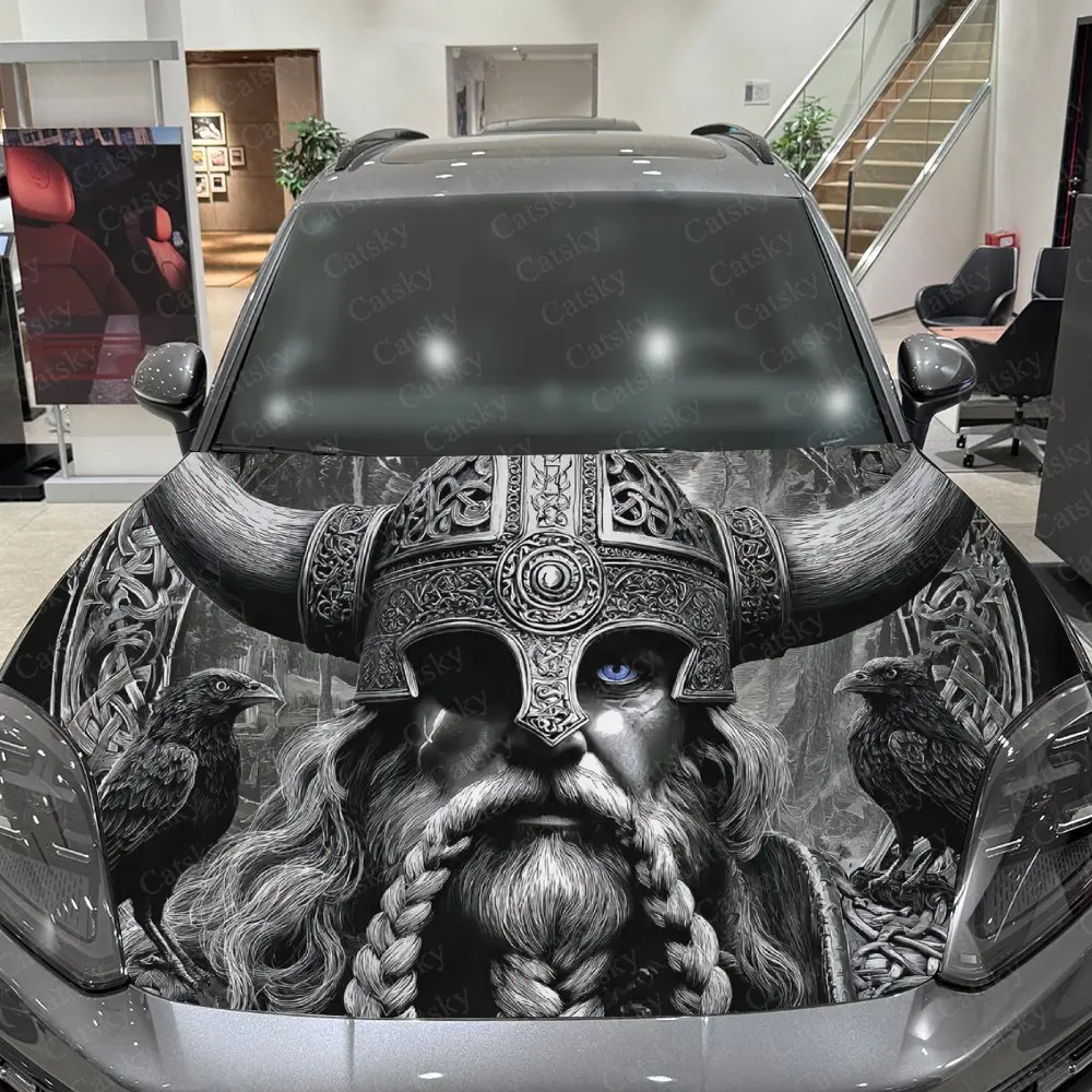 Nordic Horned Helmet Figure with Ravens Car Vinyl Wrap, PVC Waterproof Car Hood Sticker, Self-Adhesive Scratch-Resistant Sticker - view 5
