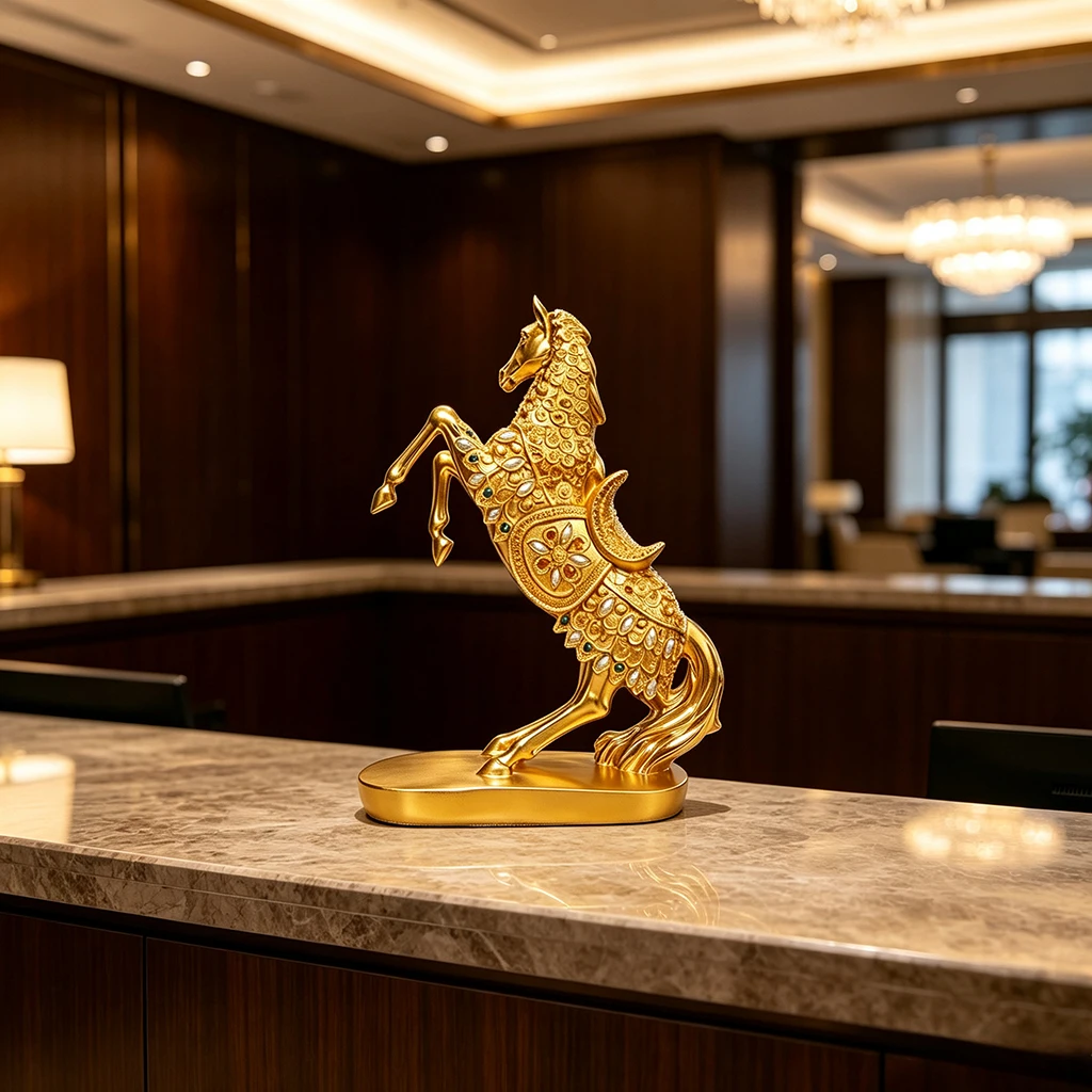 Goldene Pferdestatue Dekoration, Rustikale Geschnitzte Pferdestatue Geschenk Tischdekoration aus Kunstharz