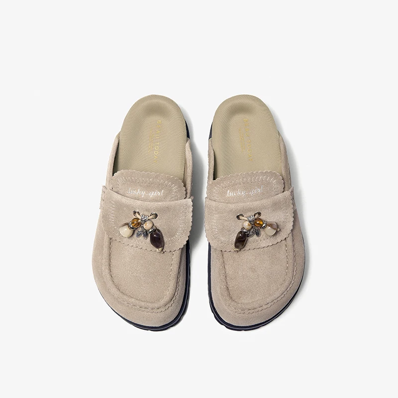 BEAUTODAY Platform Mules Women Cow Suede Leather Round Toe Sewing Design Beads Slippers Ladies Beach Shoes Handmade 38550