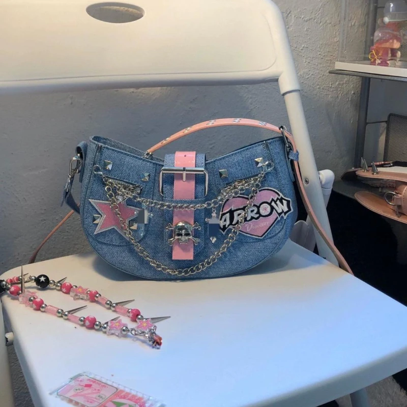 Fashion Gothic Vintage Denim Star Women Handbags Personality Punk Skull Chain Crossbody Bag Y2k Aesthetic Harajuku Shoulder Bags