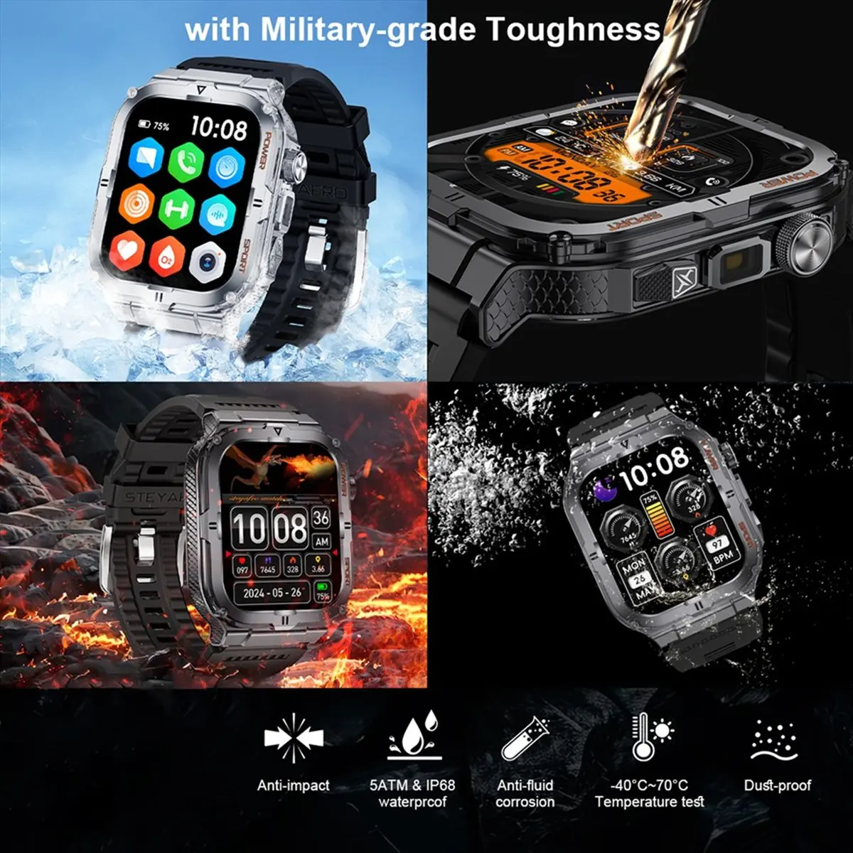 

Мужские умные часы с Bluetooth-трекером вызова, спортивные часы, цифровые умные часы для фитнеса, светодиодный фонарик, серебряный стальной ремешок, часы