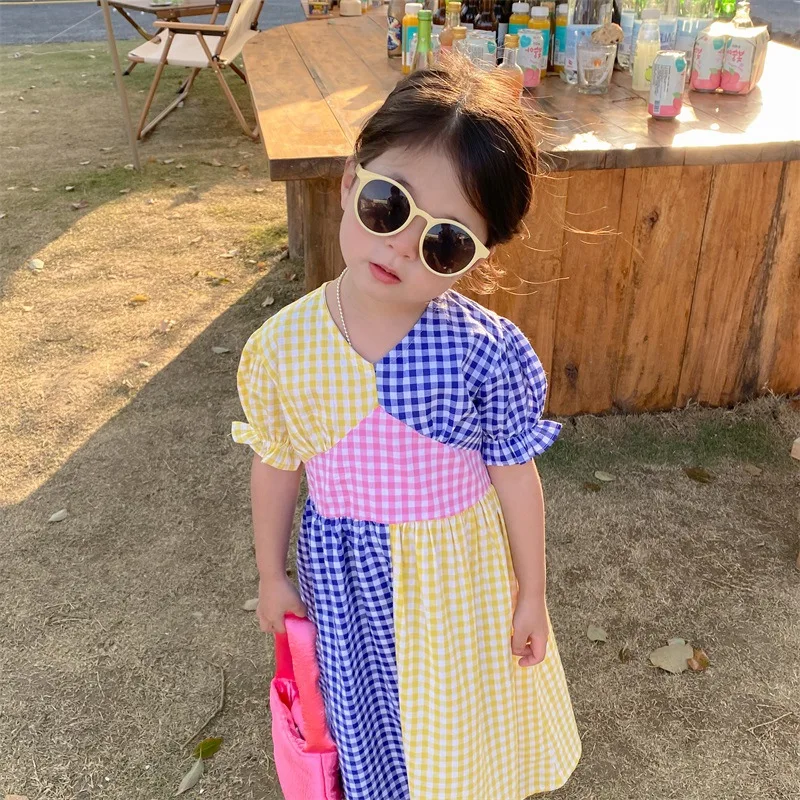 Girls\' Dress Checkered Color Matching Bright Color Dress Short-sleeved Princess Dress New Fashion Summer Children\'S Clothing