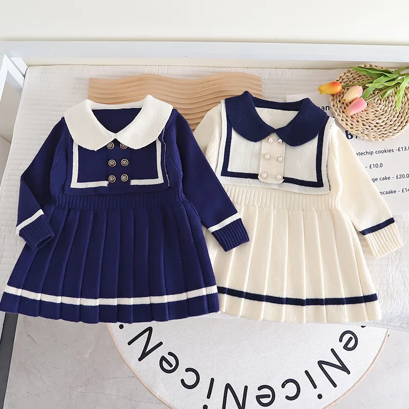 Girls\' Fashion Navy Collar Sweater Dress Autumn Baby Girls\' Knitwear Korean Style Long Sleeve Pleated Dress Kids Cotton Clothing