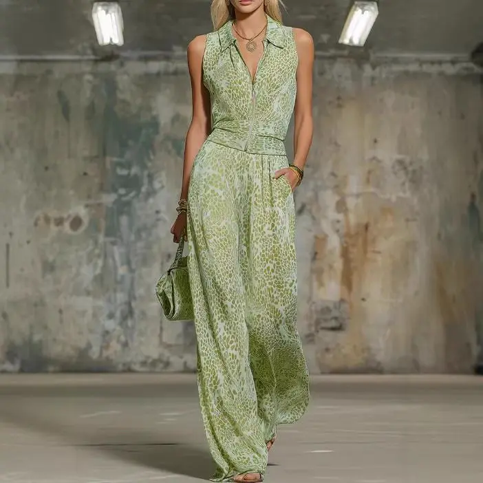 

Summer Printing 2 Piece Set Women Elegant Zipper Turn-down Collar Sleeveless Tops & Wide Leg Pant Casual Loose Suit for Vacation