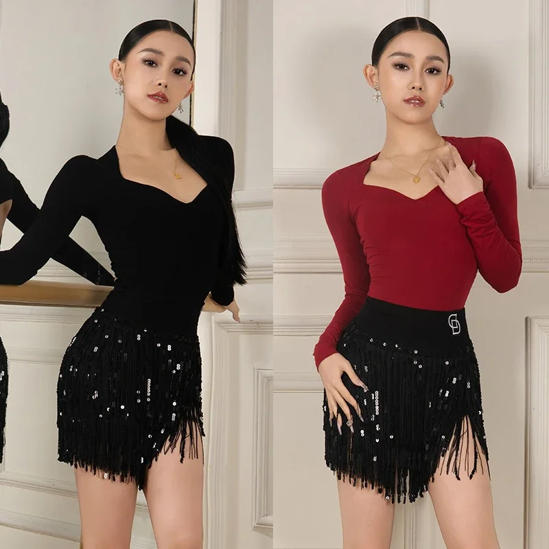 

Новая одежда для латинских танцев, женские топы для профессиональных танцев, юбка с бахромой, костюм для выступлений с блестками, тренировочная одежда для взрослых, румба BL14389