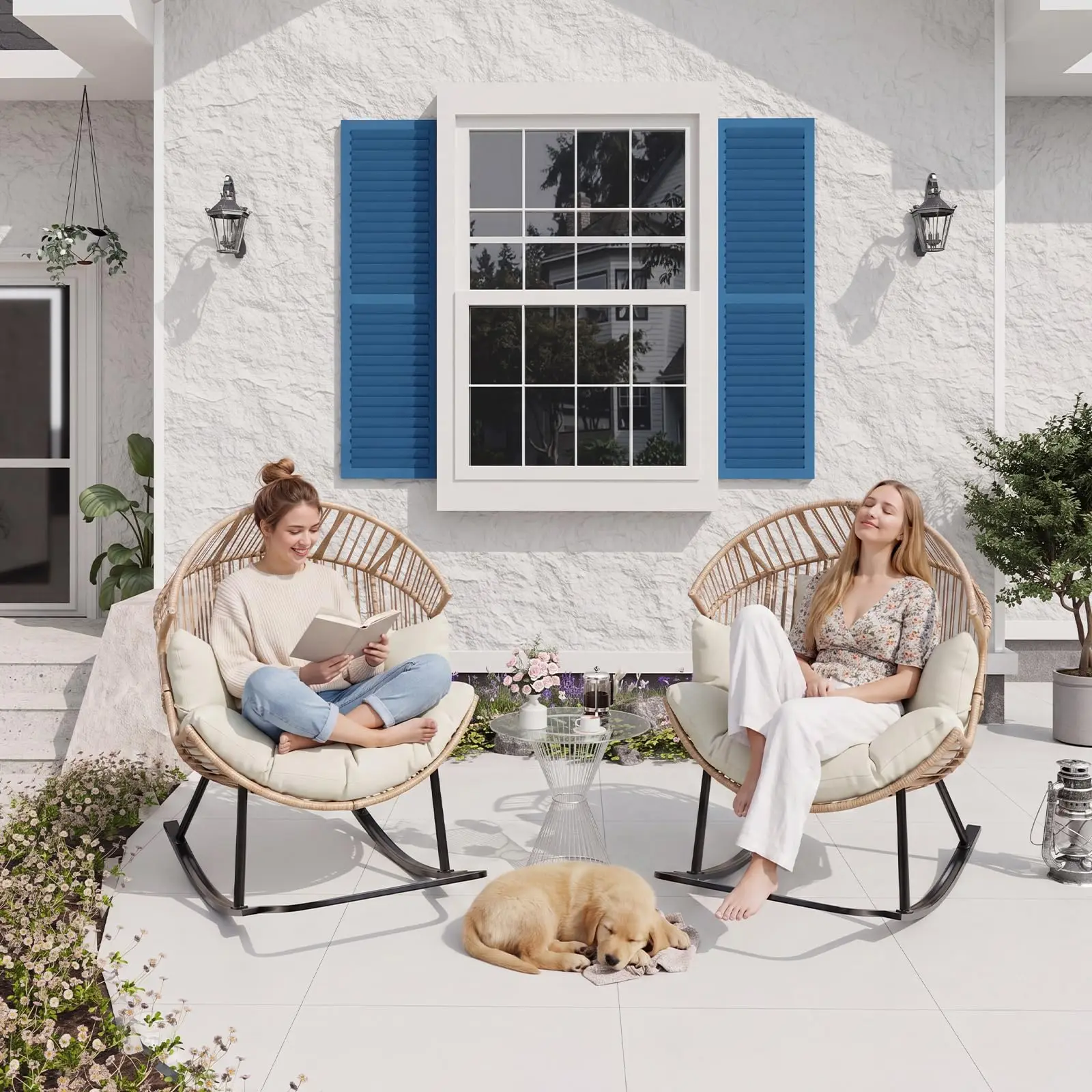 Oversized Ergonomic Wicker Rocking Egg Chair Natural Rattan Lounge Rocker With Extra Soft Pillow And Thick Cream Cushion For Indoor Outdoor Living Room Backyard Garden