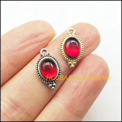 15 New Oval Charms Red Wheel Glaze Pendants Tibetan Silver Plated & Gold Color Connectors 9x17mm