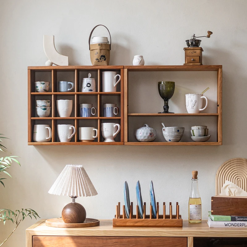 */*Solid Wood Lattice Shelf, Desktop Storage Rack, Wall-mounted Bogu Rack, Tea Cup Holder, Cherry Wood Tea Set, Duobao Grid.