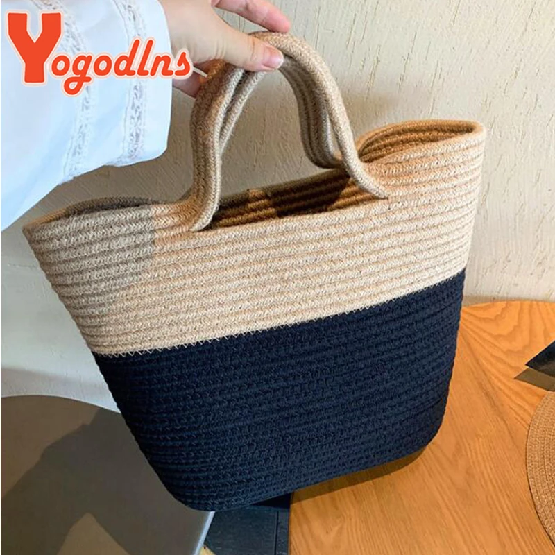 Yogodlns Summer Woven Straw Handbag Women Contrast Color Cotton Rope Beach Bag Travel Large Capacity Tote Shopping Handle Bags