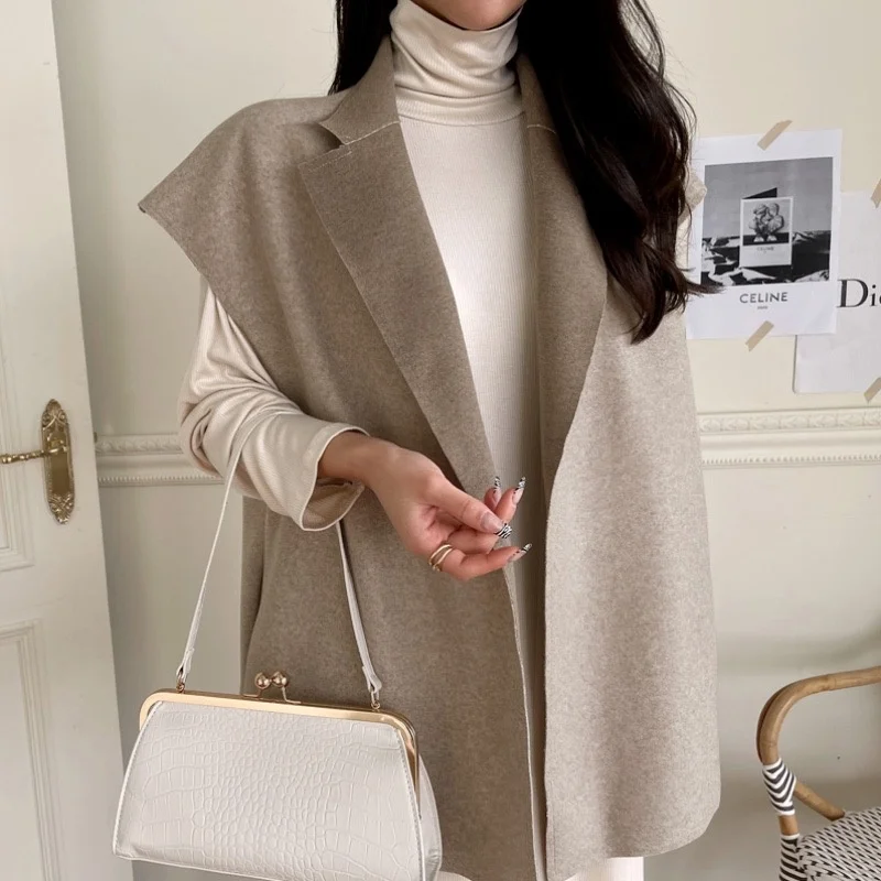 Double-Color Woolen Vest Kimono Style Korean Version Long Sleeve Suit Collar Pure Color Commute Fashion for Autumn Season