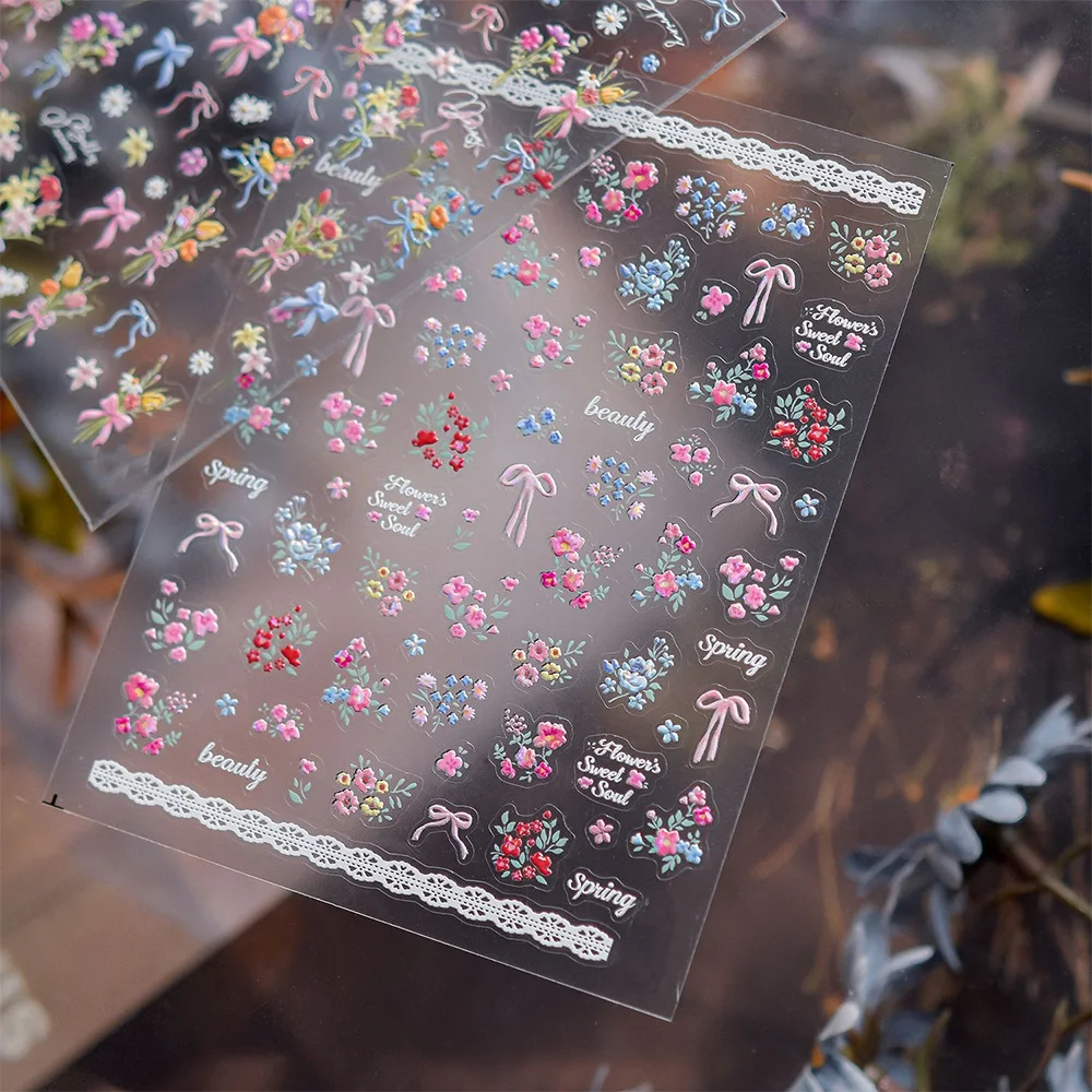 

Наклейки для ногтей 5D: Весенний букет, цветочные кружева, дикие цветы, банты, украшения для ногтей в корейском стиле, свежие милые цветочные стикеры