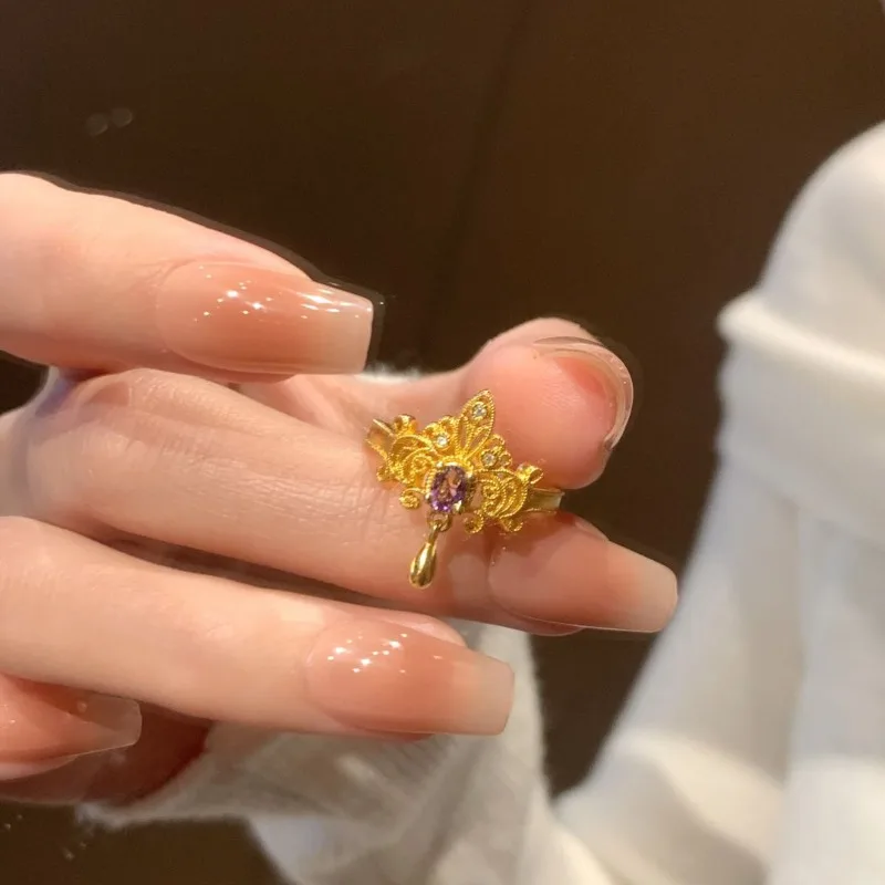 خاتم بطانة من الذهب الفرنسي القديم للنساء، خاتم مفتوح مرصع على الموضة وخفيف الوزن على طراز المحكمة #4