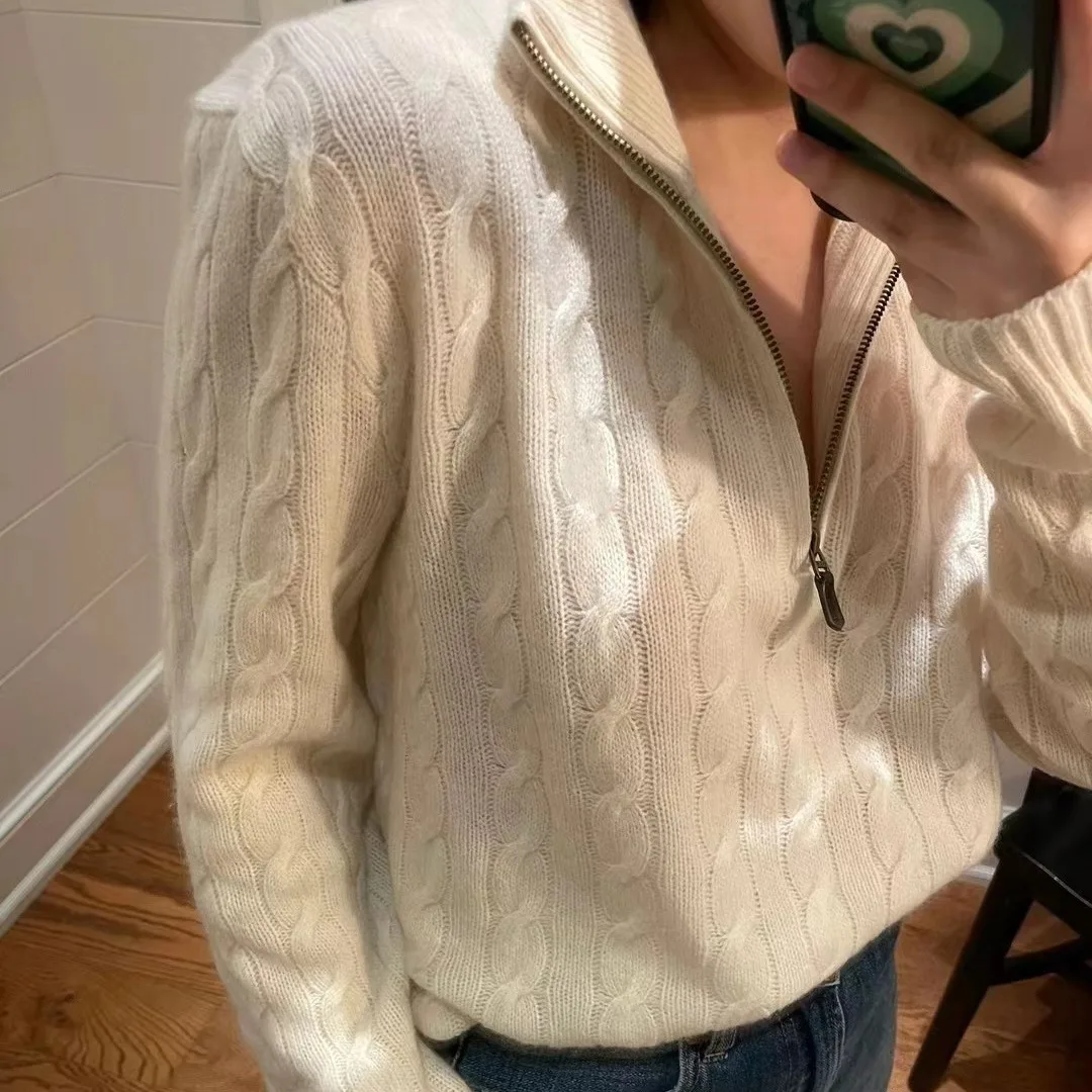 

‌Women's Cable Knit Cardigan - Half-Zip Wool Sweater, Unisex Oversized Turtleneck Pullover, Thick Warm Winter Wear Cozy & Trendy