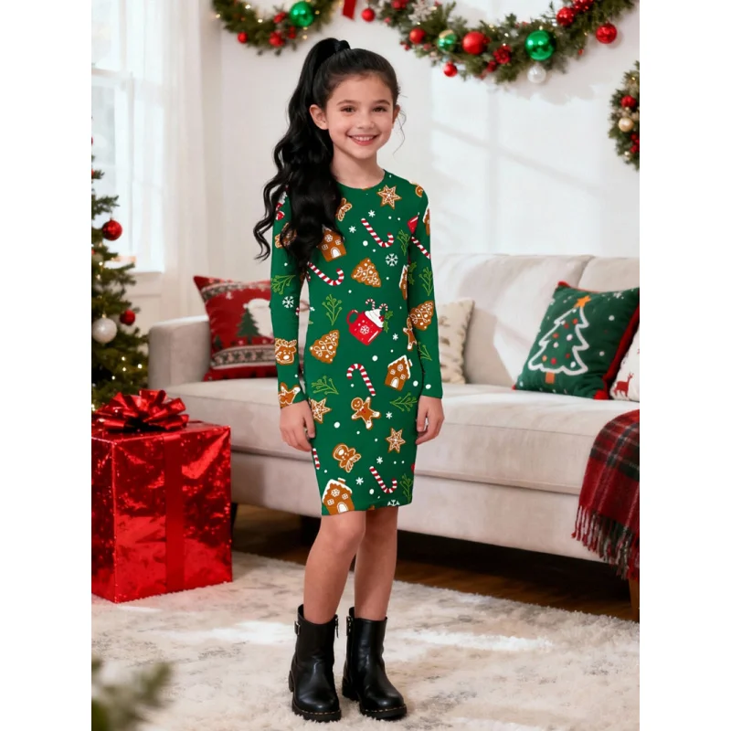 Girls Green Christmas Gingerbread Man Candy Cane Print Long Sleeve Dress Slim Skirt Children's Festival Cute 2026
