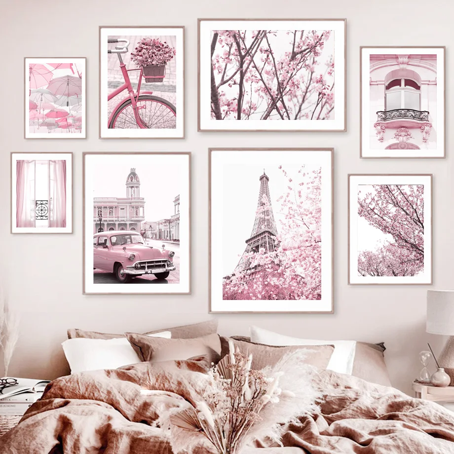 

Romantic Paris Tower Pink Flower Bike Balcony Wall Art Mural Canvas Painting Posters Prints Pictures Living Room Home Decor Gift