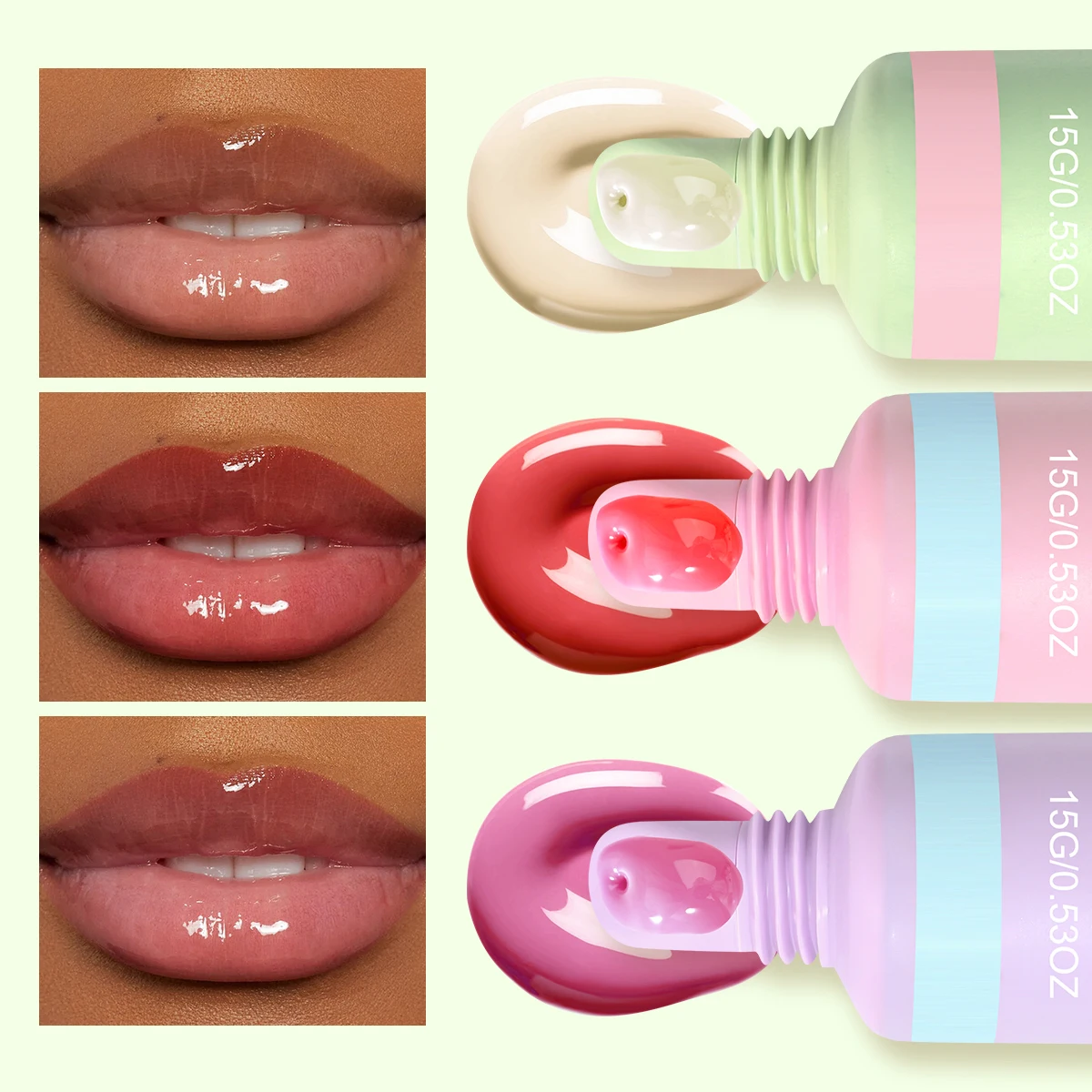 Conjunto de 3 peças, bálsamo labial de brilho labial de gelatina cristalina, hidrata e suaviza linhas labiais, lábios de vidro de cor labial gelatinoso, fragra frutado