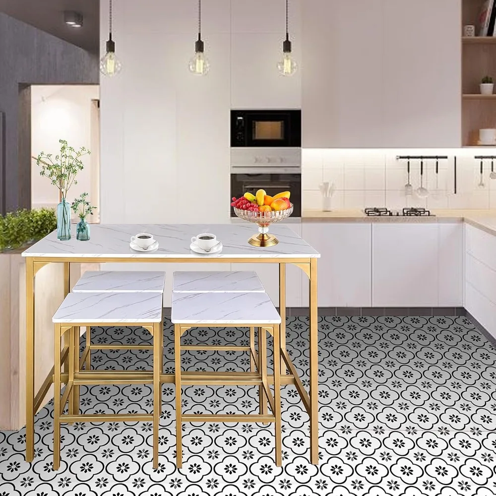 Set Meja Bar AT-VALY 5-Piece dengan 4 Kursi, Furnitur Ruang Makan, Desain Ringkas dalam Warna Emas dan Putih