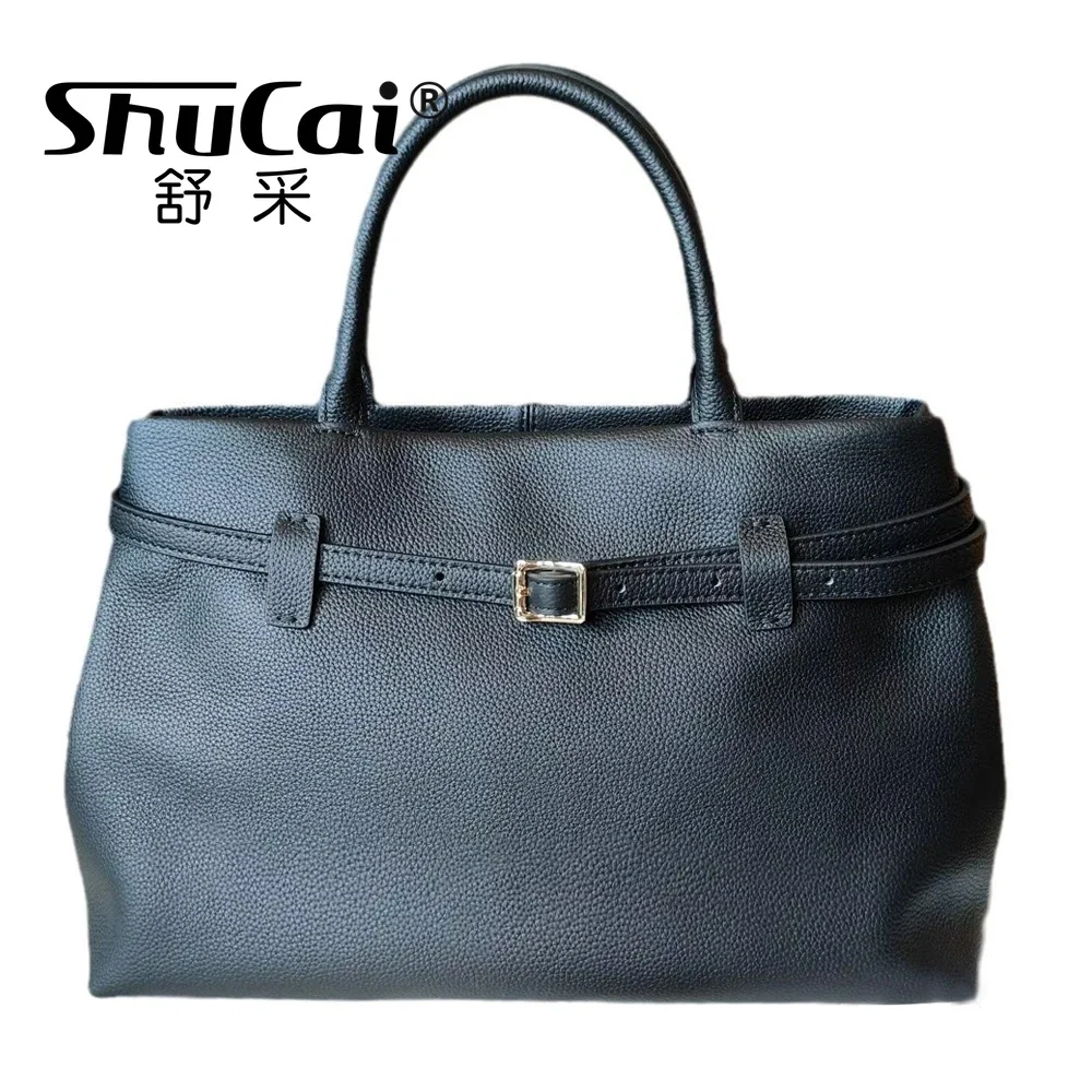 New Ladies Elegant Large Black Commuter Tote Genuine Leather Women Handbag Leisure High Class Cowskin Shoulder Cross Bag No Logo