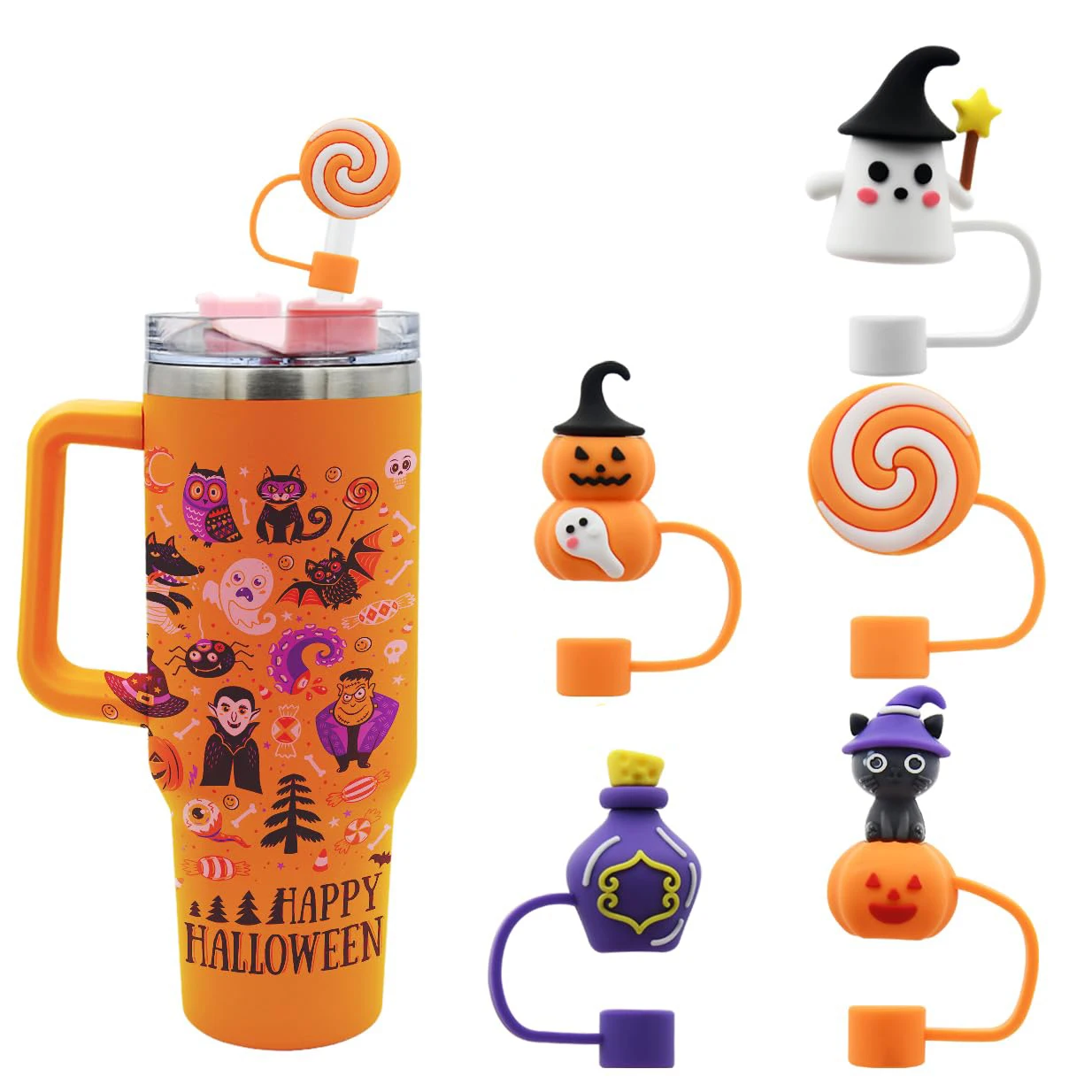 

5 PCS Halloween Straw Cover Cap for Stanley Cup,Cute Ghost Halloween Straw Topper,Portable Drinking Straws Topper Covers